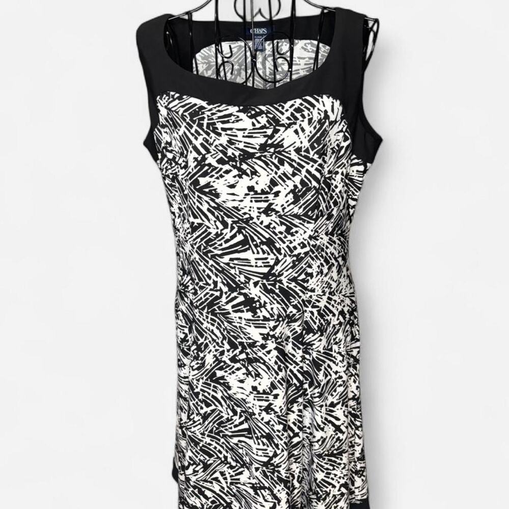 Chaps Petite Large Black & White Geometric Abstract Sleeveless Fit & Flare Dress